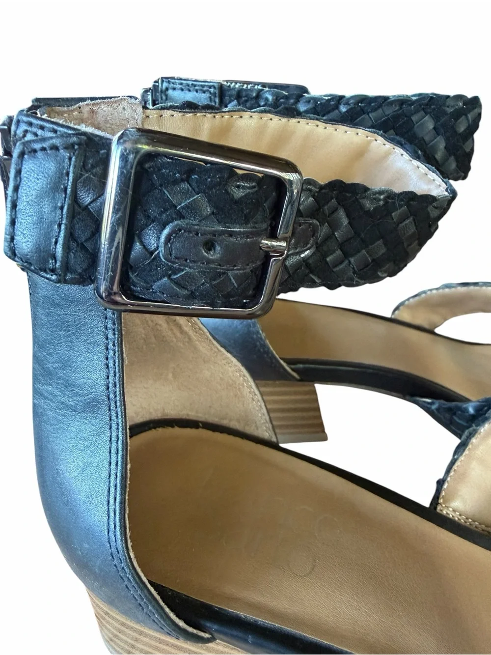 Franco Sarto Black Tate Woven Leather and Fabric Block Heel Sandals Sz 7